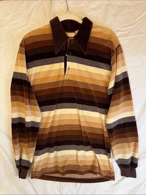Vintage Striped Long-Sleeve Polo Shirt - Brown Multi